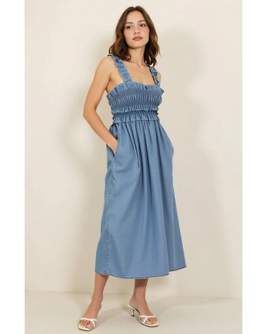 Modenaire Blue Smocked Ruffle Strap Square Neck Flowy Midi Dress