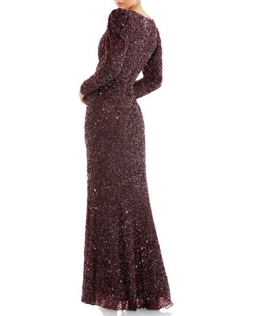 Mac Duggal Purple Puff Shoulder Sequined Surplice Gown