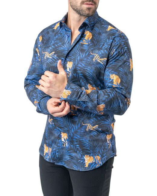Maceoo Blue Fibonacci Tiger Palm Contemporary Fit Button-up Shirt for men