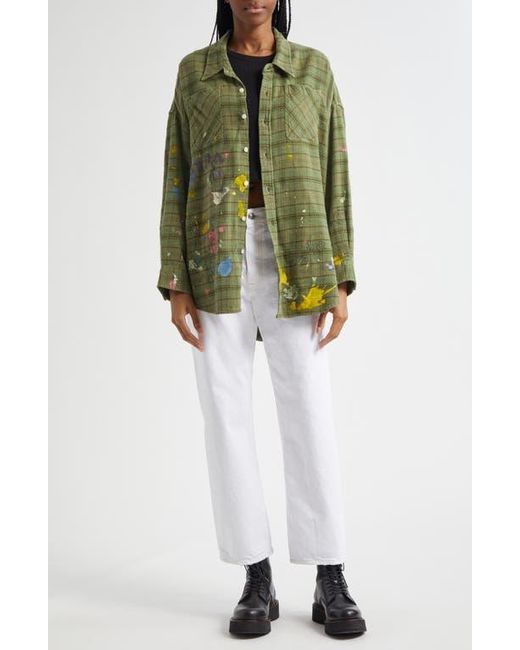 R13 Green Drop Neck Paint Splatter Scribble Plaid Button-Up Shirt