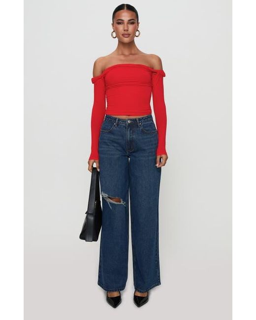 Princess Polly Red Dusky Twisted Off The Shoulder Long Sleeve Top