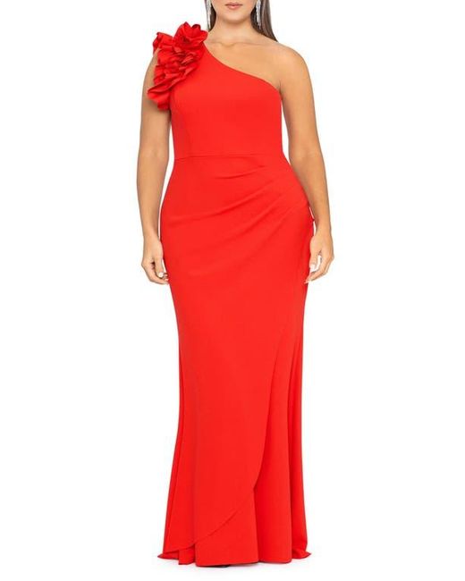 Xscape Evenings Women's Red Ruffle Detail One-Shoulder Sheath Gown