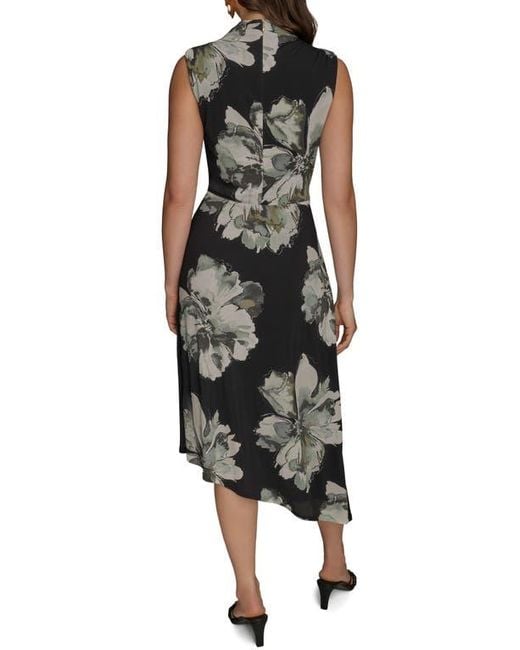 Donna Karan Black Floral Side Ruched Asymmetric Hem Dress