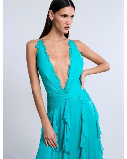 BCBGMAXAZRIA Blue Ruffle Halter Chiffon Gown