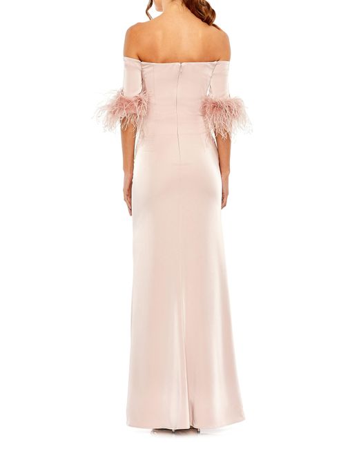 Mac Duggal Pink Feather Trim Off The Shoulder Gown