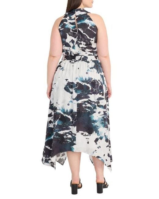 Maggy London Blue Abstract Print Handkerchief Hem Midi Dress