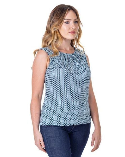 24seven Comfort Apparel Blue Petites Print Pleated Crew Neckline Back Closure Sleeveless Top