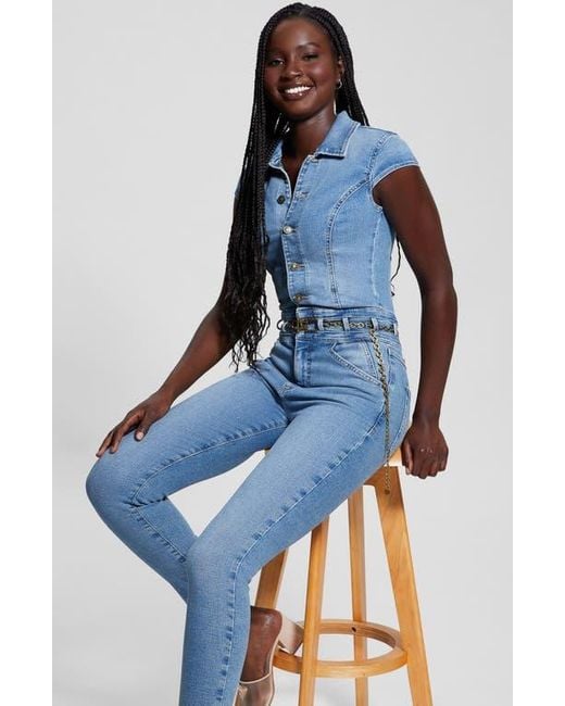 Guess Nova Belted Button Front Denim Jumpsuit in Blue Lyst