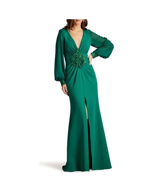 Tadashi Shoji Floral Detail Long Sleeve Crepe Chiffon Gown