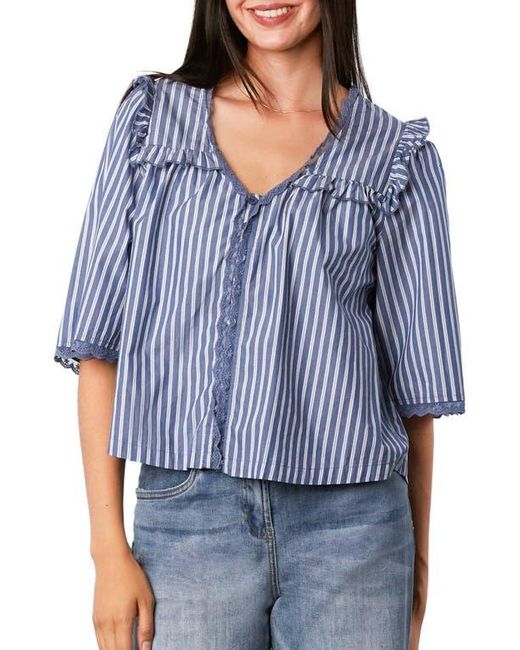 BILLY T Blue Juliet Lace & Ruffle Cotton Blend Top