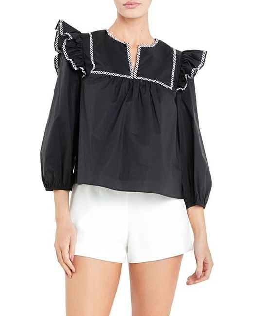 English Factory Black Embroidered Ruffle Balloon Sleeve Cotton Top