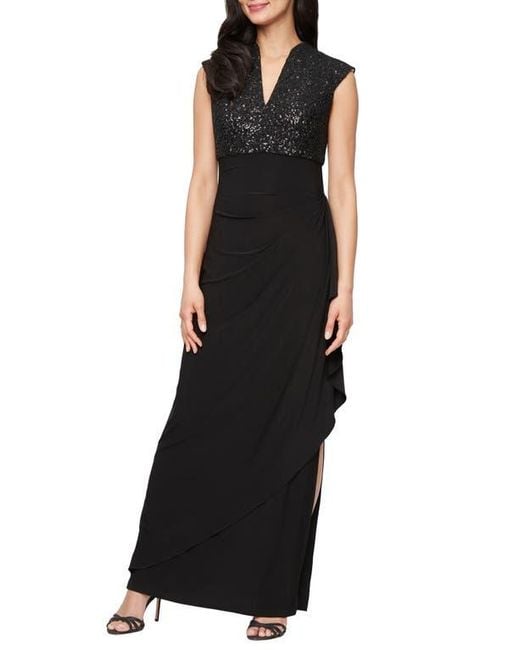 Alex Evenings Black Sequin Corded Lace Bodice Empire Waist Gown