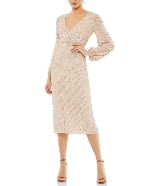 Mac Duggal Women's Natural Sequin Long Sleeve Cocktail Midi Dress