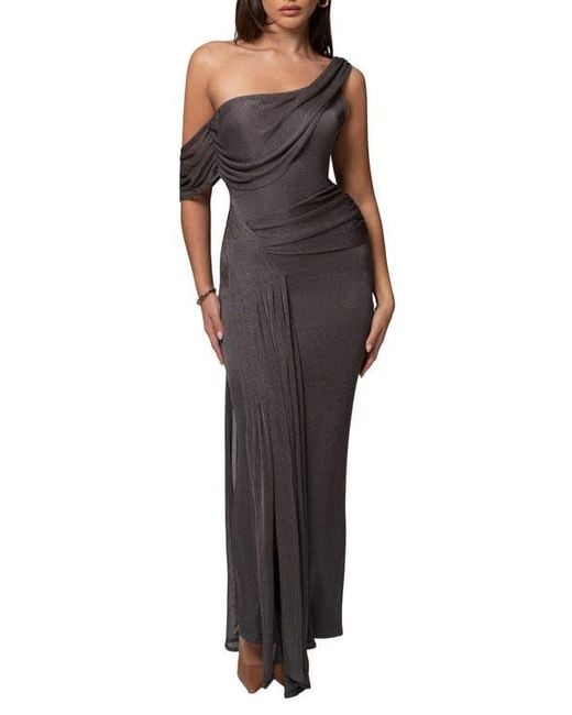 JLUXLABEL Gray Drape Metallic One-Shoulder Gown