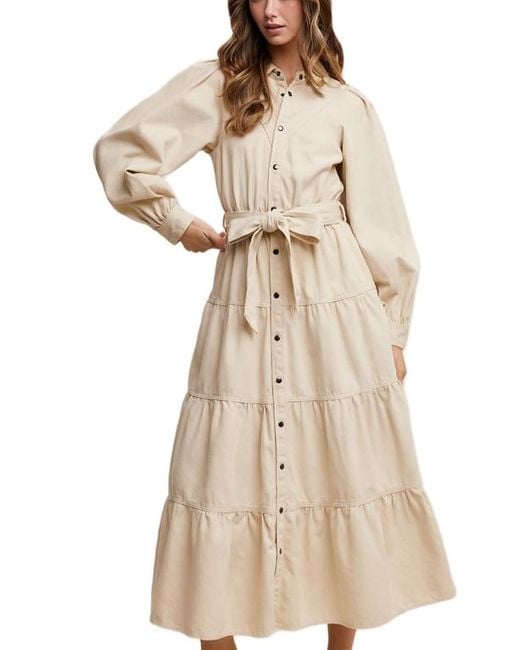 Knit & Lounge Natural Tiered Belted Bishop Sleeve Maxi Shirt Dress