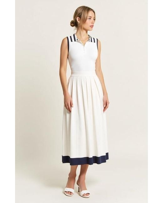 Modenaire White Sleeveless Knit Midi Dress With Contrast Collar And Hem Detail