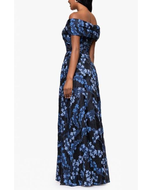 Betsy & Adam Blue Embroidered Floral Off The Shoulder Gown