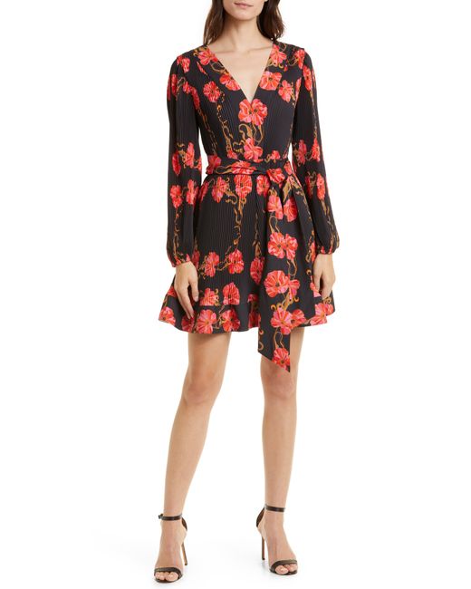 MILLY Red Liv Floral Micropleat Long Sleeve Dress