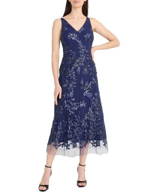 Maggy London Blue Sequin & Embroidery A-Line Dress