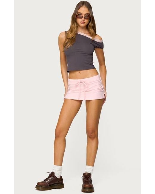 Edikted Multicolor Contrast Lace Trim One-Shoulder Stretch Cotton Crop Top
