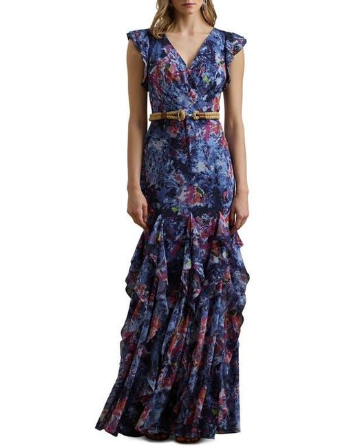 Ralph Lauren Blue Abstract Floral Ruffle Detail Crinkle Georgette Gown