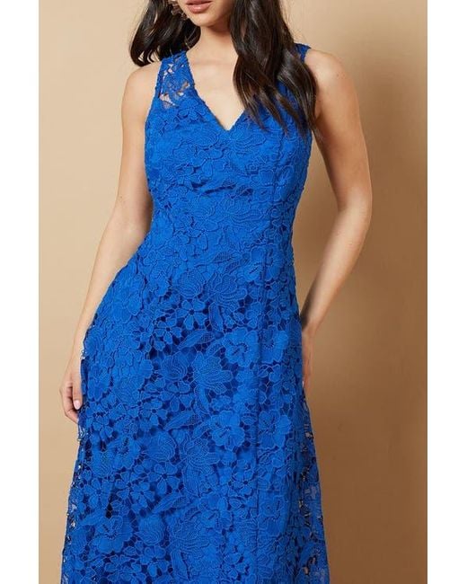 Oasis Blue Floral Lace V-Neck Midi Dress
