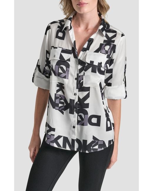 DKNY White Roll-Tab Cuff Button-Up Shirt