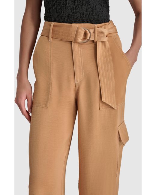 DKNY Natural Contrast Stitch Belted Cargo Wide Leg Pants