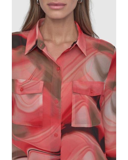 DKNY Red Abstract Print Chiffon Button-Up Shirt