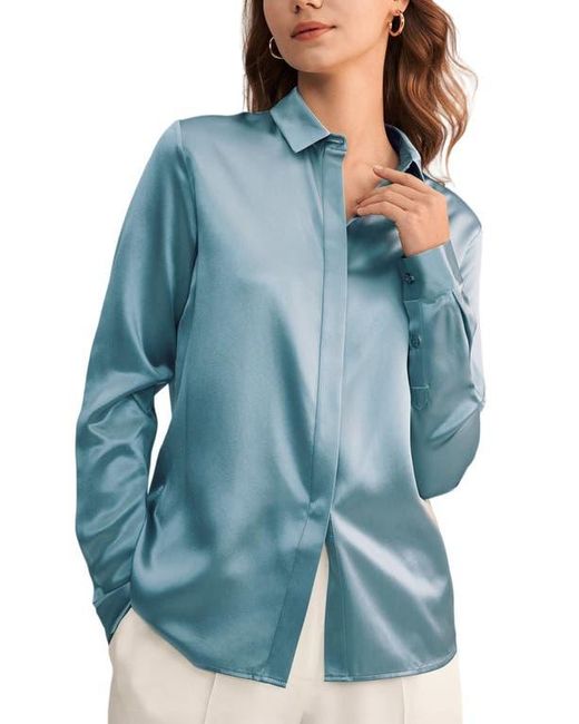LILYSILK Blue Basic Concealed Placket Silk Shirt