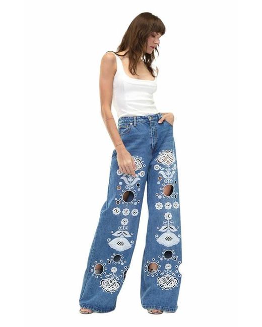 Cynthia Rowley Blue Embroidered Wide-Leg Jean