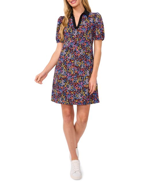 Cece Red Floral Puff Sleeve Polo Dress