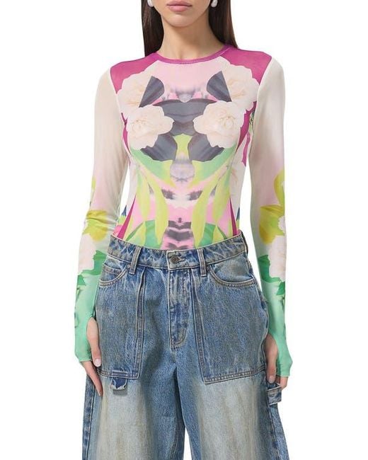 AFRM Blue Kaylee Print Sheer Mesh Top