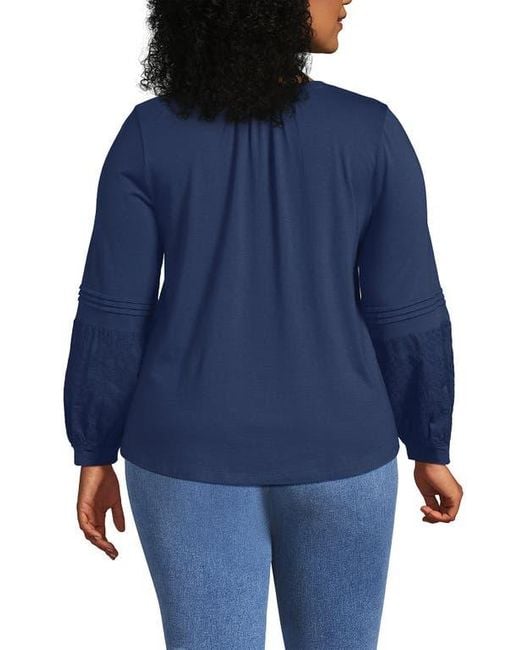 Lands' End Blue Lightweight Jersey Lace Mix Long Sleeve Pintuck Top
