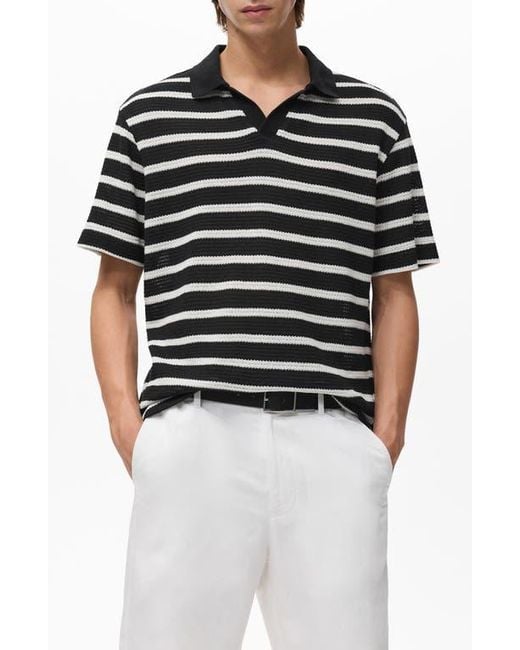 Mango Black Textured Stripe Johnny Collar Polo for men