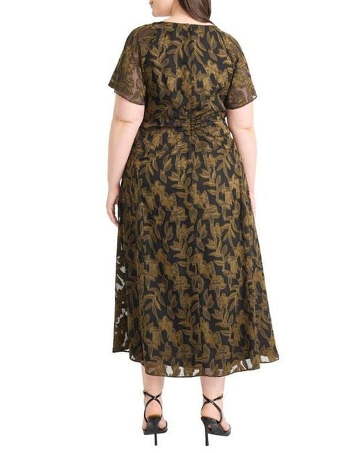 Maggy London Green Ruched Flutter Sleeve Midi Dress