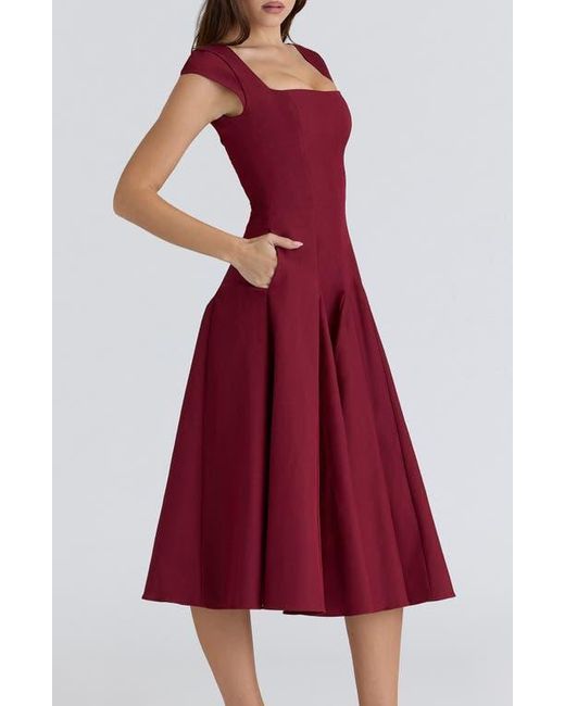 House Of Cb Raise Square Neck Twill Midi Dress in Red | Lyst