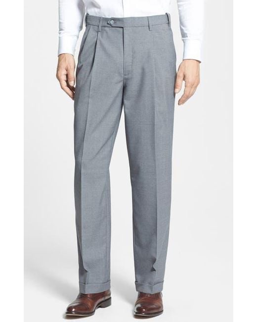 Berle Blue Self Sizer Waist Plain Weave Pleated Washable Trousers for men