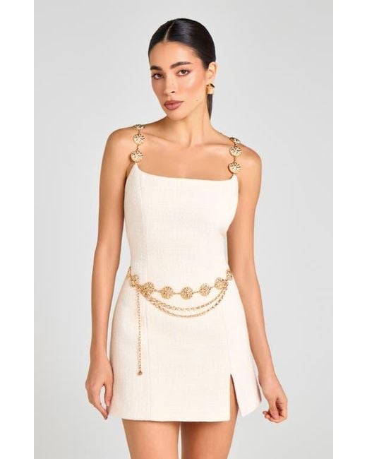white short dress with gold belt Vintage White Cocktail Dress with Sheer Detailing – Vintage Grace main image 1