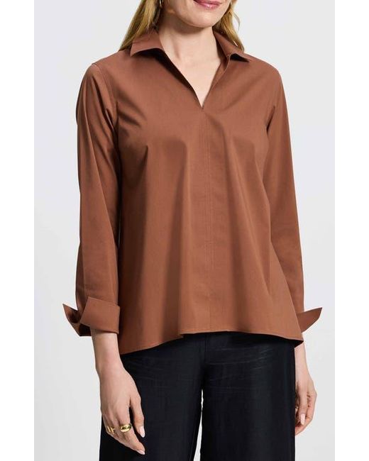 Foxcroft Brown Agnes Split Cuff Popover Blouse