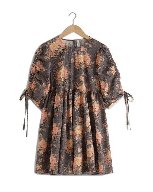 & Other Stories Brown & Floral Puff Sleeve Shift Minidress