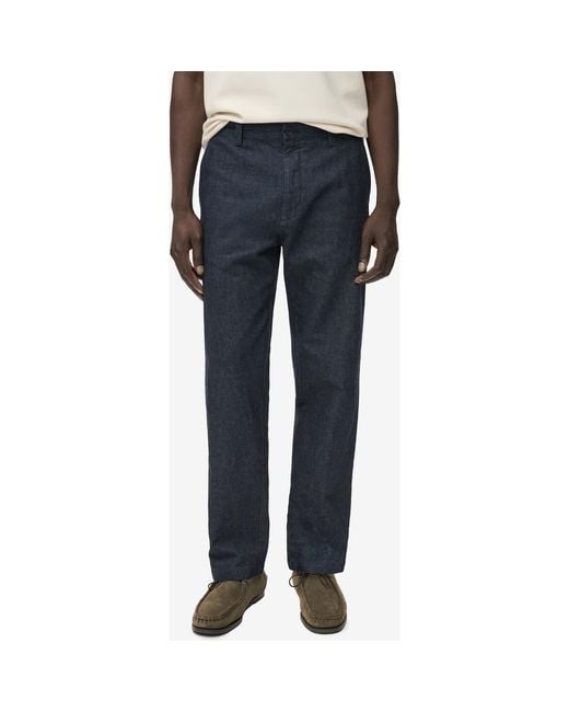 Mango Blue Straight Fit Flat Front Cotton & Linen Twill Pants for men