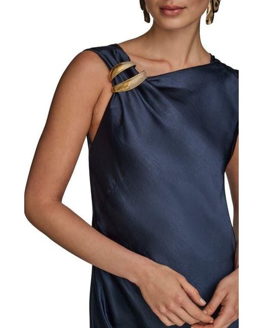 Donna Karan Blue Asymmetric Cowl Back Satin Gown