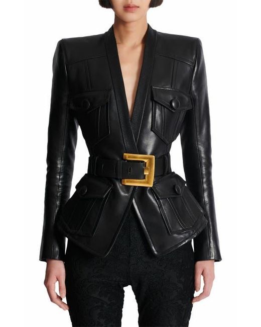 Balmain Black 1-Button Belted Leather Jacket