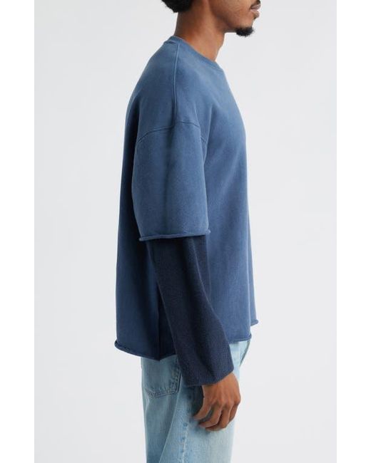 BDG Blue Oversize Layered Sleeve Cotton Crewneck Sweatshirt for men