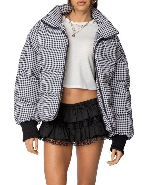 Edikted Black Gingham Oversize Quilted Puffer Jacket