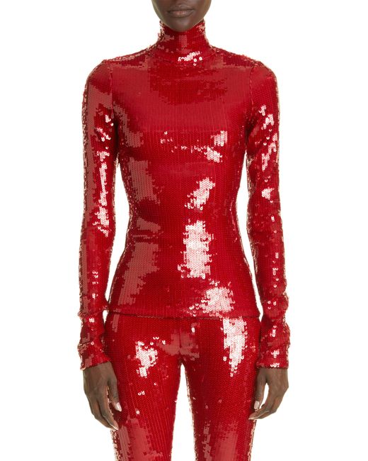 LAQUAN SMITH Sequin Mock Neck Long Sleeve Top in Red | Lyst