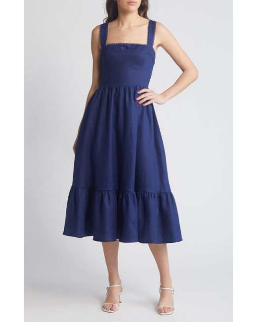 Reformation Blue Rowen Ruffle Hem Sleeveless Linen Dress