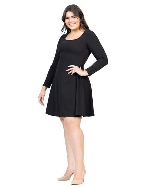 24seven Comfort Apparel Women's Black Long Sleeve Knee Length Skater Dress