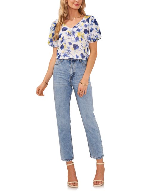 Vince Camuto Blue Floral Tulip Sleeve Top